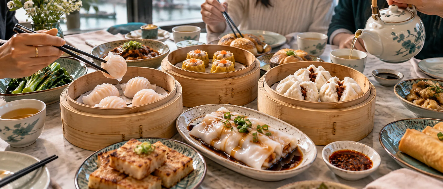 A shared table of dim sum and tea